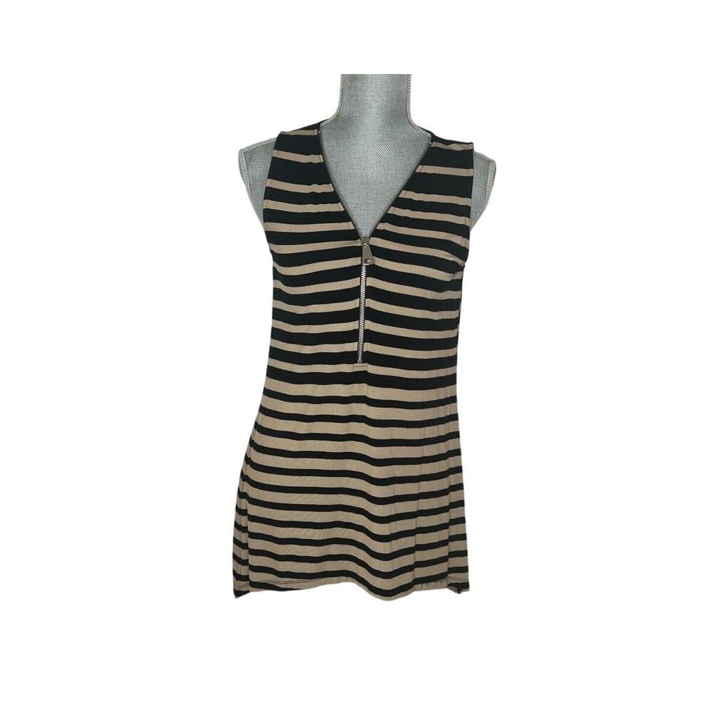 Cable & Gauge Women's Black Tan Striped Sleeveless Top Blouse Zipper Size Small
